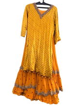 Yellow Bandhani Layered Gown with Silver Embroidery and Dupatta - My Store